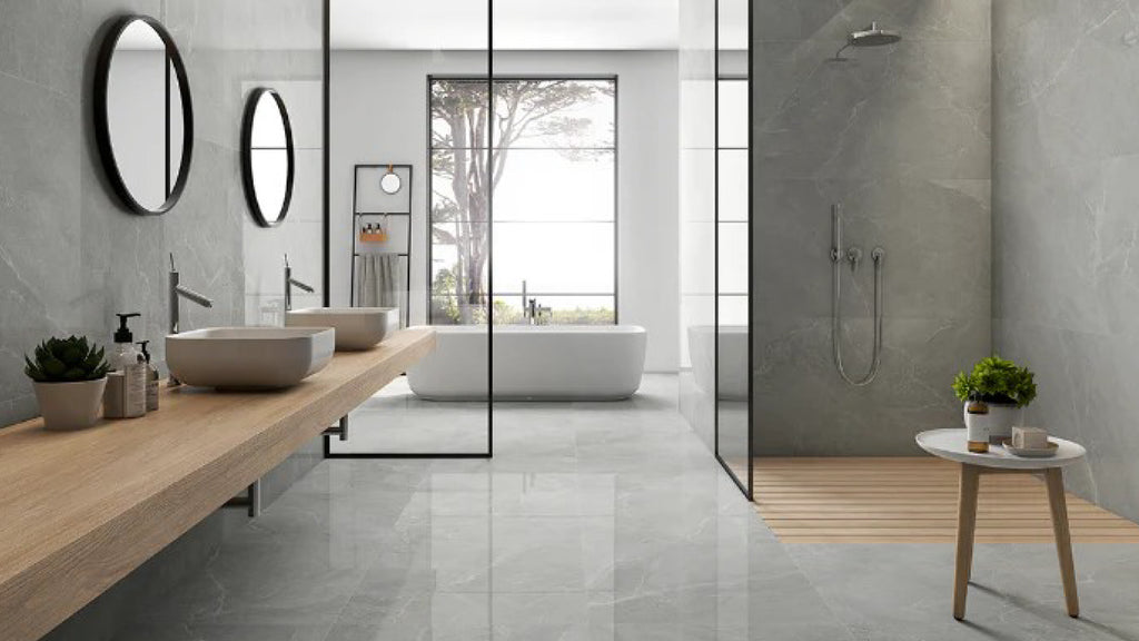 Serene Retreat: Light Grey Bathroom Tiles for a Tranquil Bath