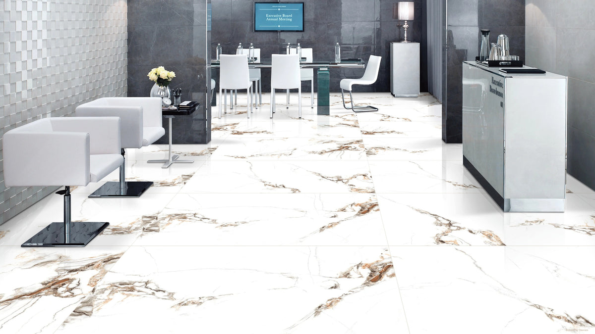 White Carrara With Brown Effect  600mm x 1200mm Polished Porcelain Tile