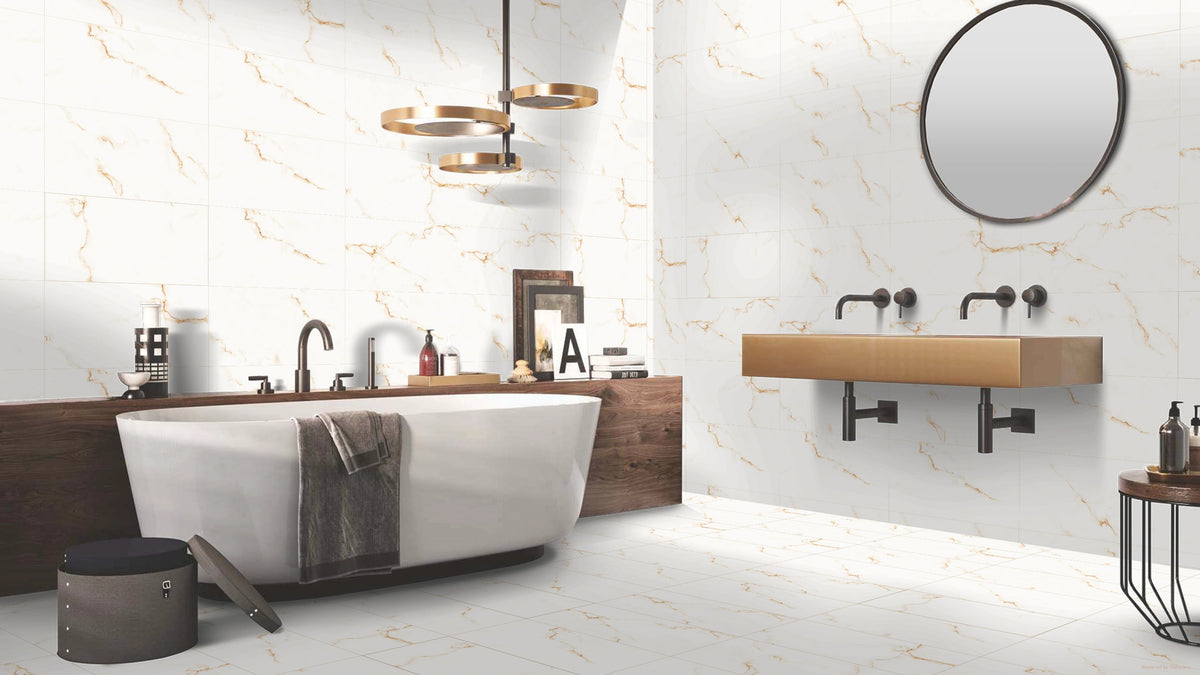 White and Golden Gloss 600mm x 300mm Golden Carrara Bathroom Porcelain Tiles