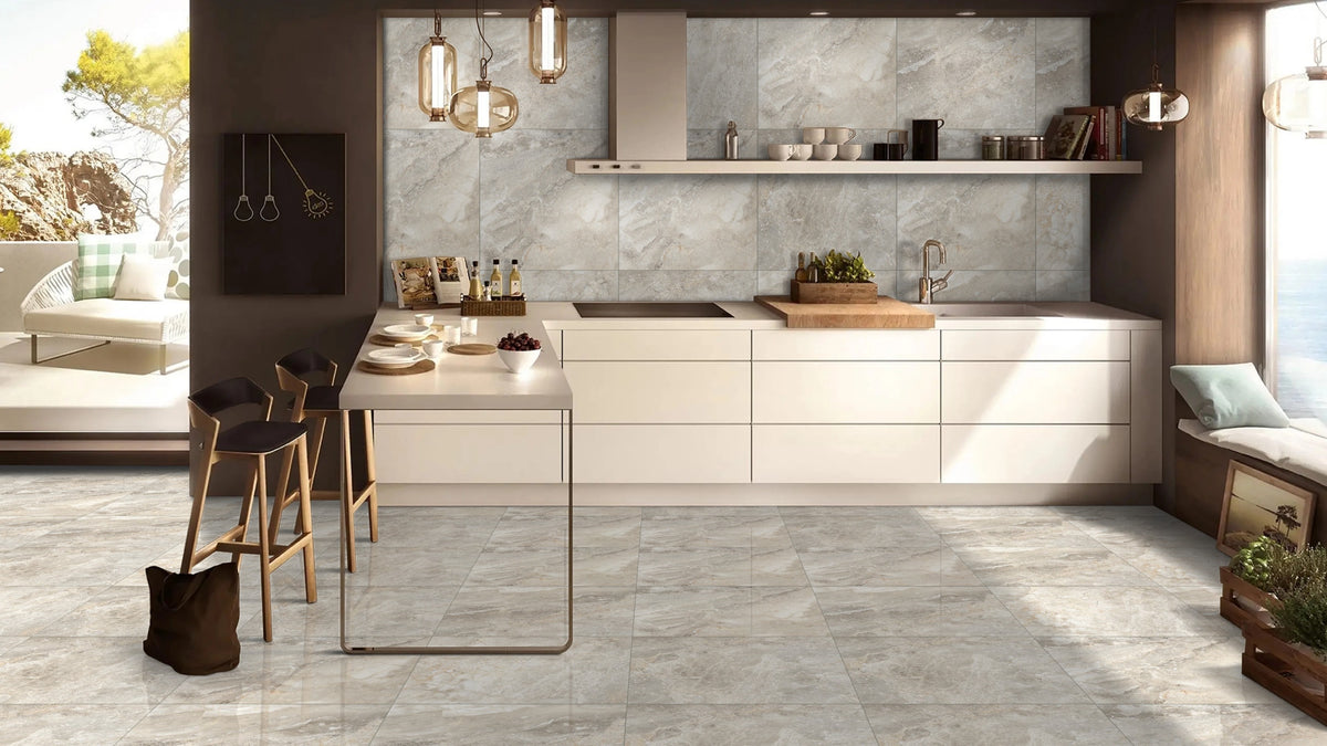 Brown Marble Effect 600mm x 600mm Grey Breccia Porcelain Gloss Tile