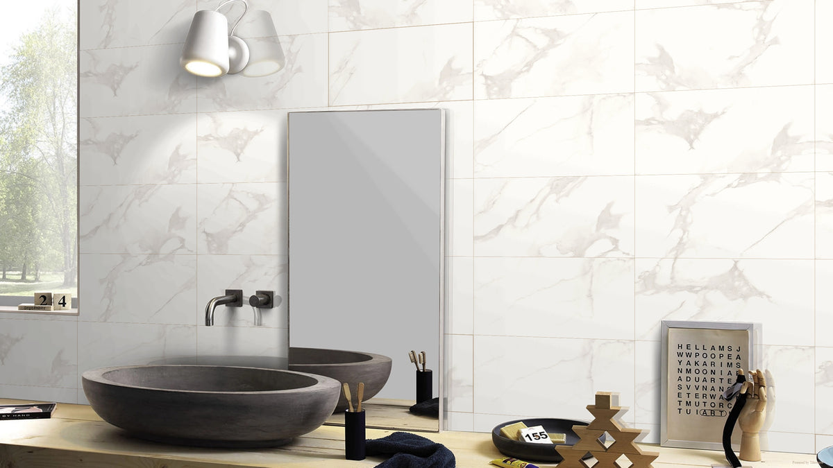 White Statuario 600mm x 300mm Carrara Glossy Porcelain Bathroom Tiles