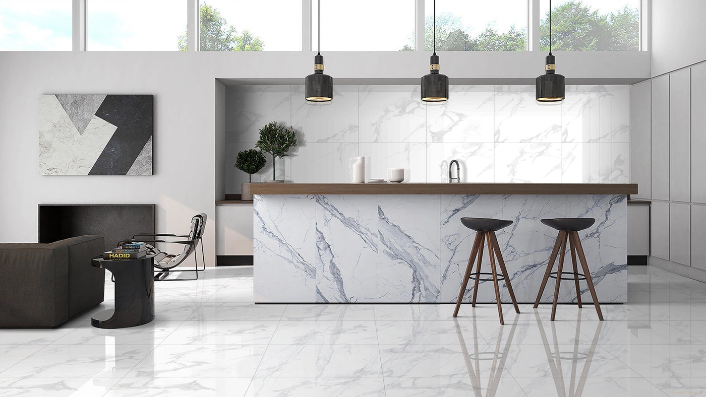 White Marble Effect 600mm x 600mm Carrara Gloss Porcelain Wall and Floor Tile