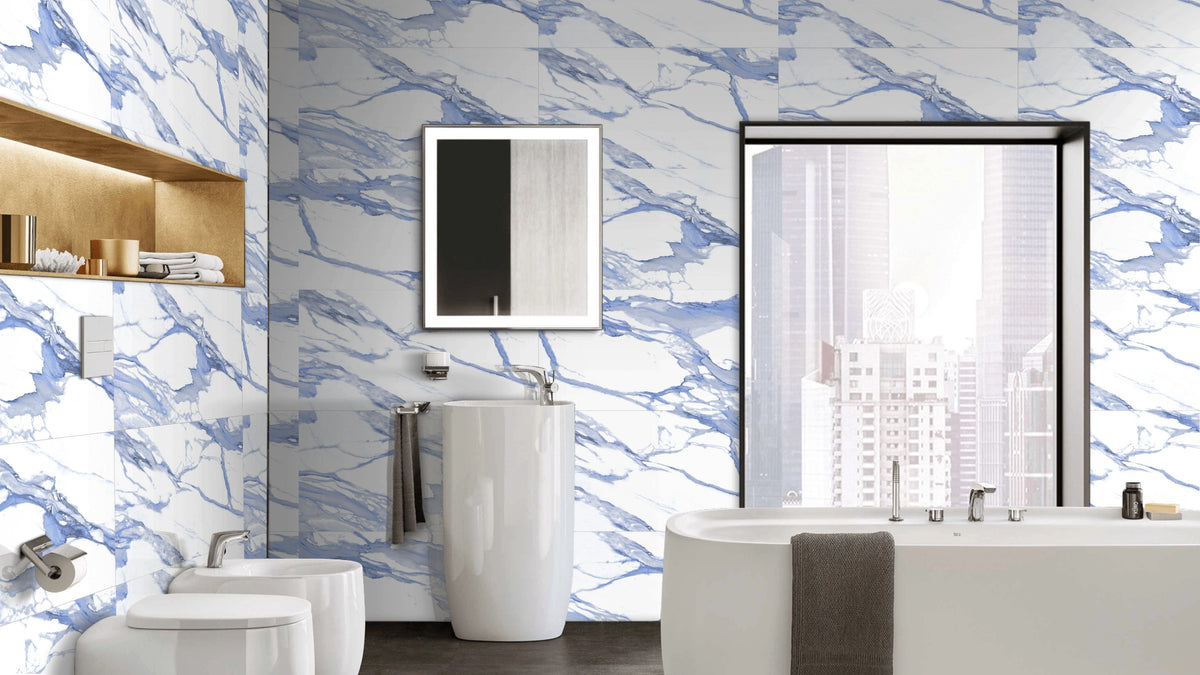White And Blue Marble Effect 600mm x 1200mm Polished Porcelain Tile