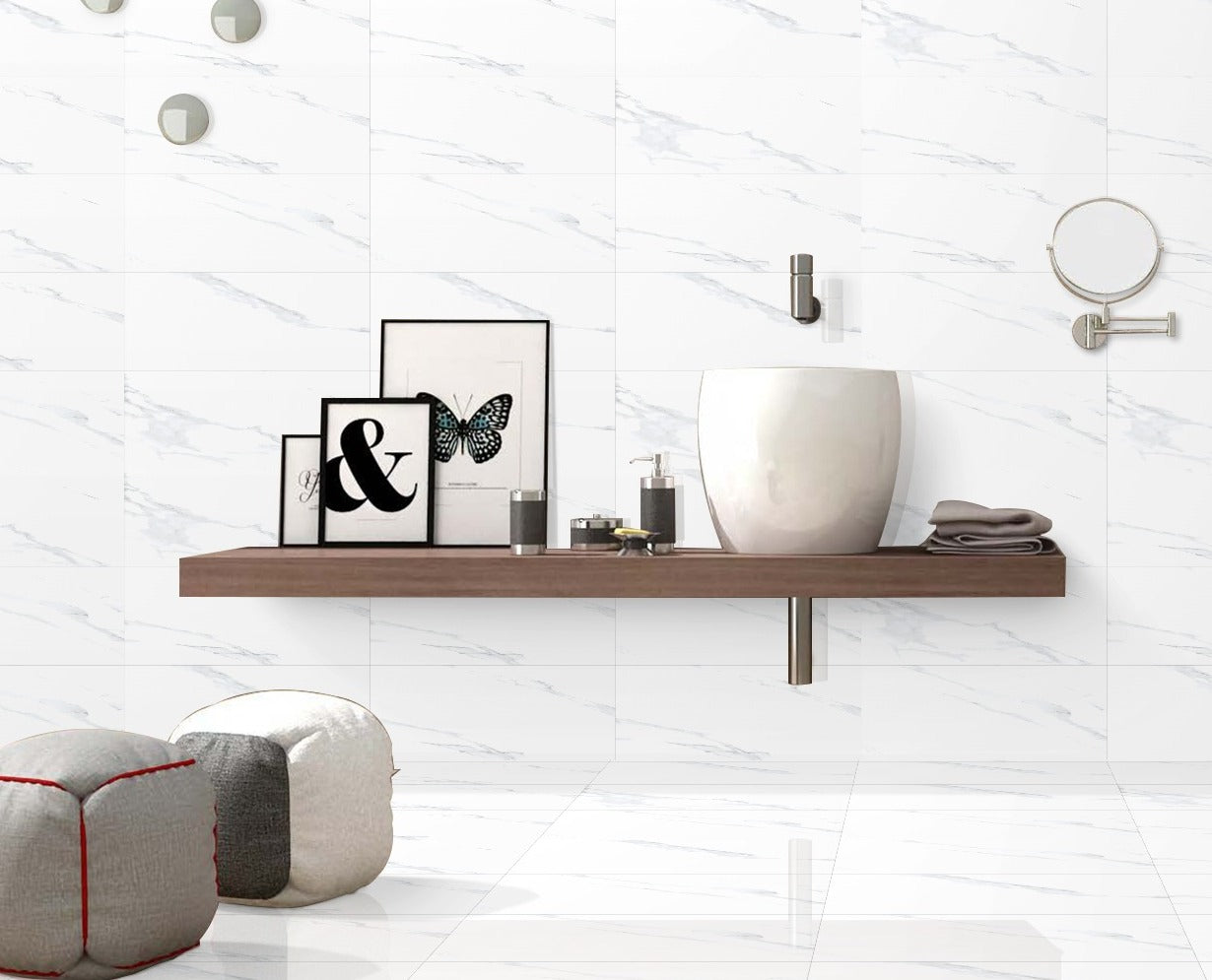 White With Grey Marble 600mm x 300mm Statuario Sutil Glossy Porcelain Tile