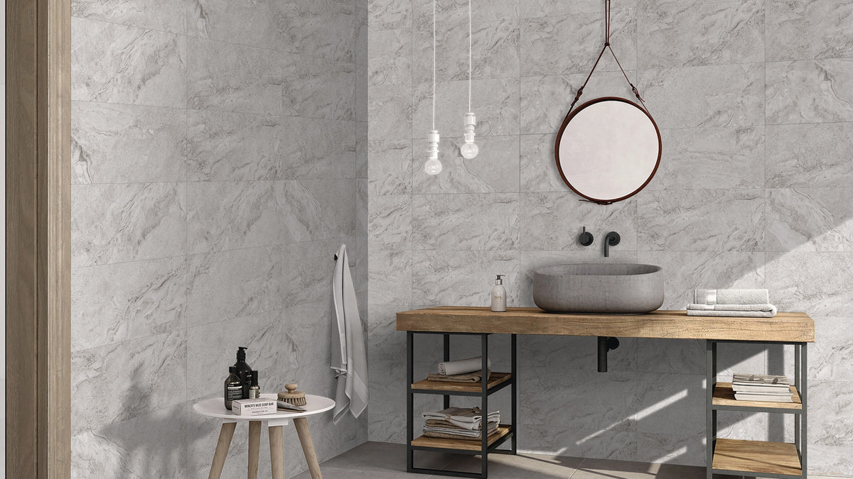Grey Porcelain 600mm x 300mm Tuscani Bianco Glossy Bathroom Tile