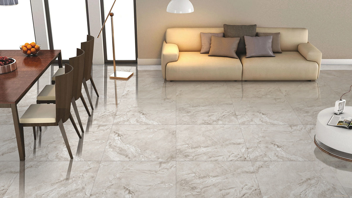 Grey Porcelain 600mm x 600mm Tuscani Bianco Glossy Floor Tile