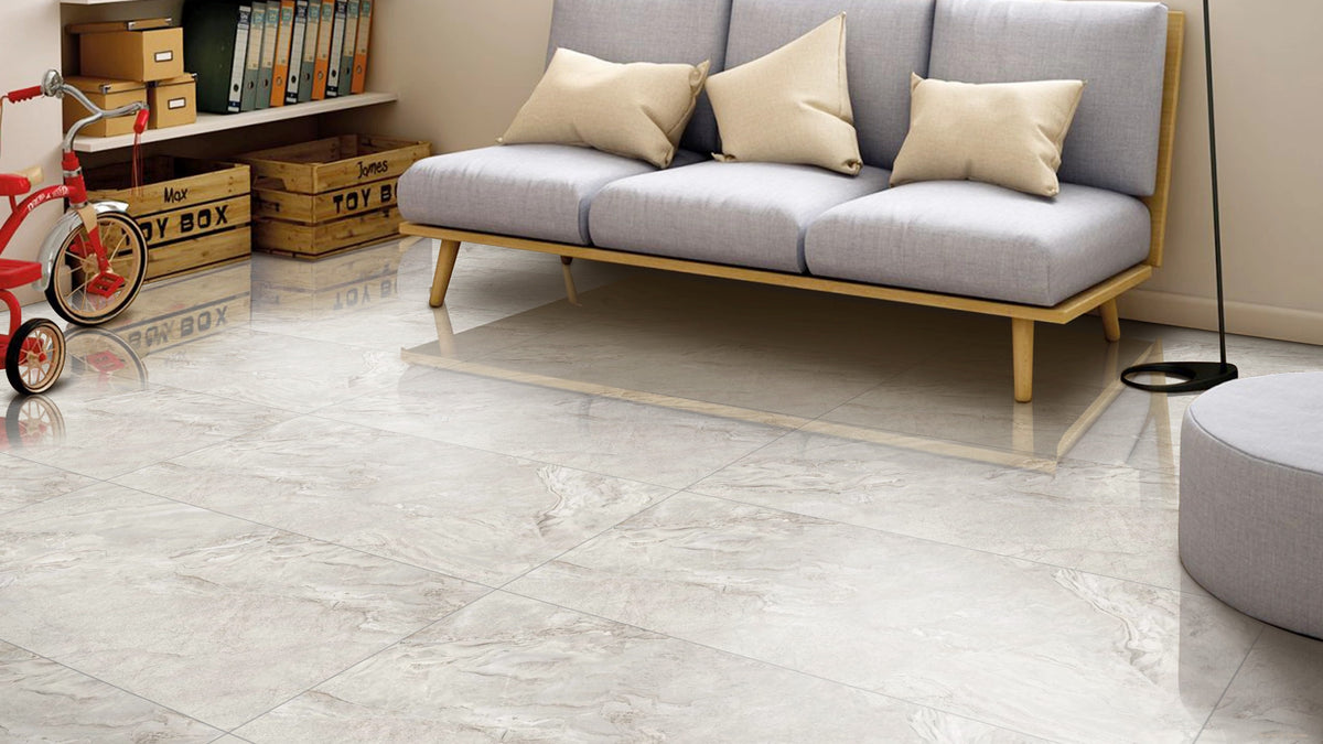 Grey Stone Effect Gloss Porcelain 600mm x 1200mm Tuscani Bianco Glossy Floor Tile