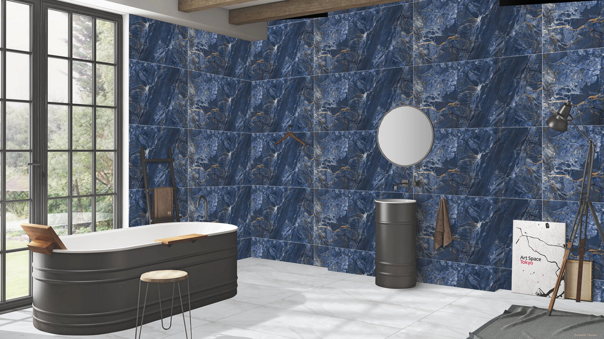 Blue Feature With Gold Effect 600mm x 1200mm Super Gloss Porcelain Wall Tile